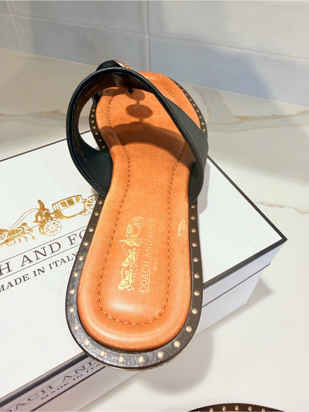 Coach and Four Black and Tan Leather Slide Sandals with Gold Accents - Picture 7 of 15